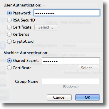 Apple OSX enter L2TP VPN credentials