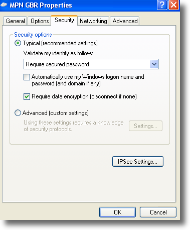 Microsoft Windows XP L2TP VPN security settings