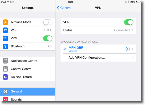 Apple iPad L2TP VPN connected