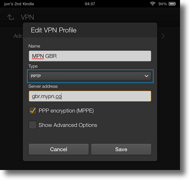 Kindle Fire HDX PPTP VPN setup
