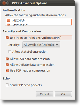 Ubuntu PPTP VPN advanced settings