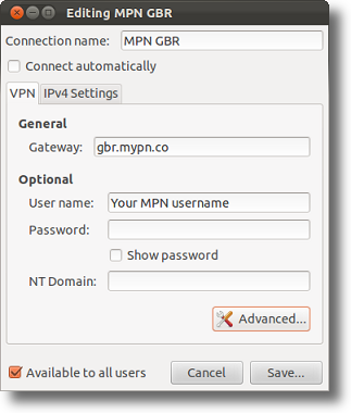 Ubuntu PPTP VPN settings