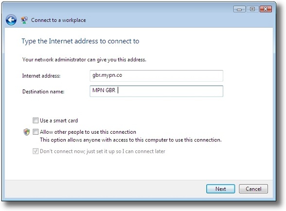 Microsoft Windows Vista PPTP enter VPN address