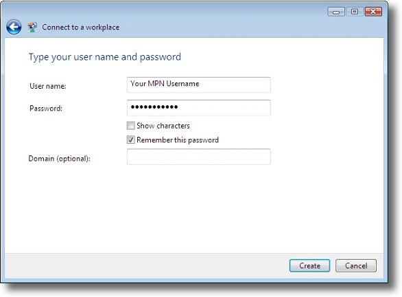 Microsoft Windows Vista PPTP enter VPN credentials