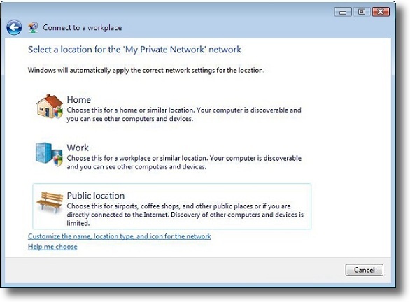 Microsoft Windows Vista PPTP VPN set network location