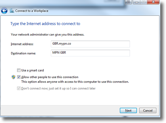 Windows 7 enter VPN name and address 