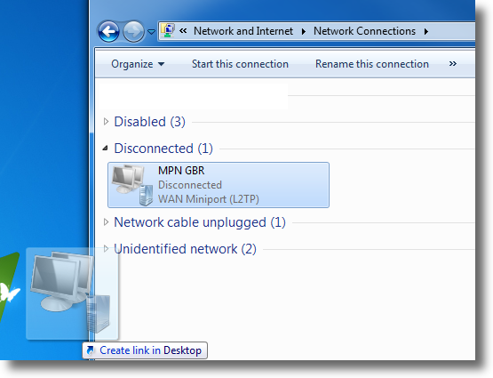Windows 7 set VPN shortcut on Desktop 