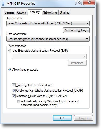 Windows 7 set VPN type to L2TP 