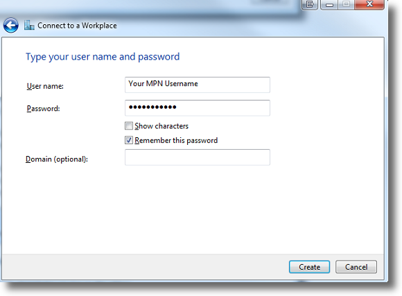 Windows 7 enter MPN VPN credentials 