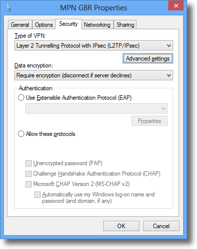 Windows 8 change VPN type from the Security tab