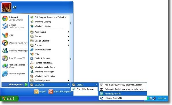 Microsoft Windows XP OpenVPN reconfiguration