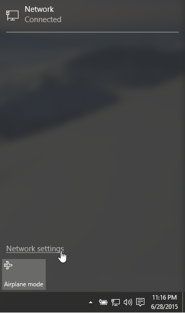 Windows 10 Network Settings on taskbar