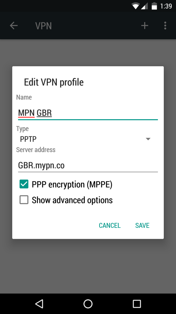 Android PPTP Set VPN Servername and Name