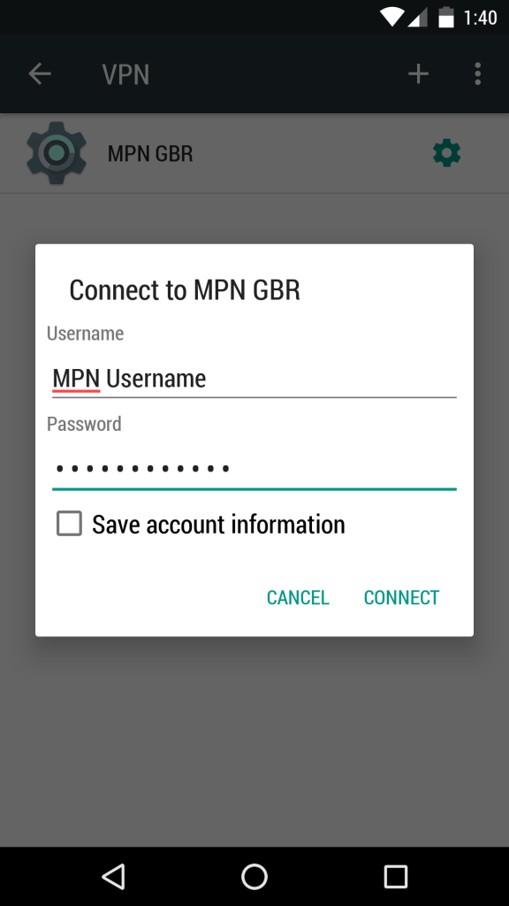 Android PPTP Enter MPN VPN Username Password